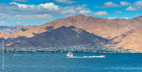 Water sport with ski surfing and motorboat, recreation activities and style o...