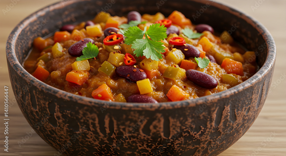 Fototapeta premium Spicy Vegetarian Chili Bowl With Red Beans And Fresh Cilantro Leaves