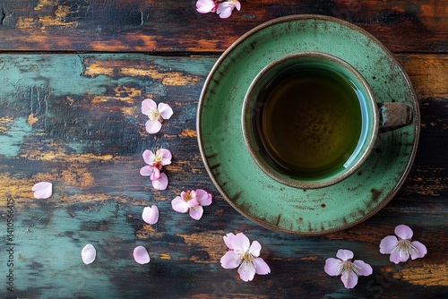 A top view of a green rustic cup of tea on a wooden table with a few cherry blossom petals surrounding it