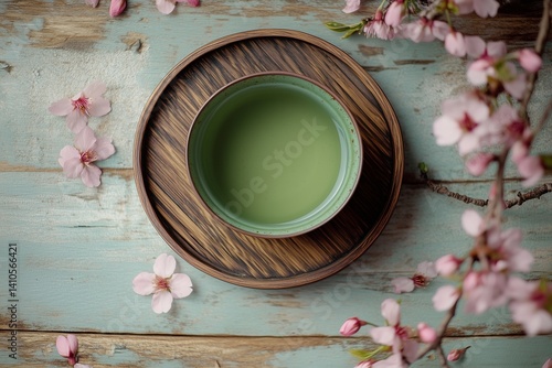 Top view of a green cup of tea on a wooden plate and table with a few cherry blossom petals surrounding it