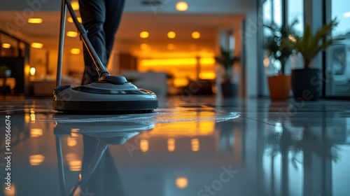 Floor care in a modern interior.  A person cleans a polished floor with a floor scrubber