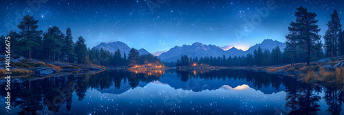 Enchanting night landscape with a reflective lake and distant mountains under a starry sky