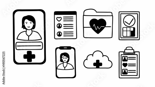 Illustration of digital health elements including patient profiles, medical records and cloud storage options created with generated ai