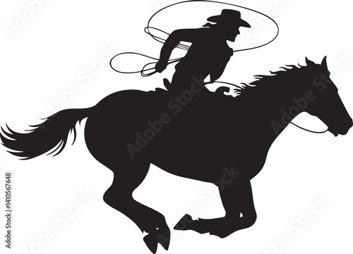 A vector silhouette of a wild west cowboy riding a running horse wipe rope in hand