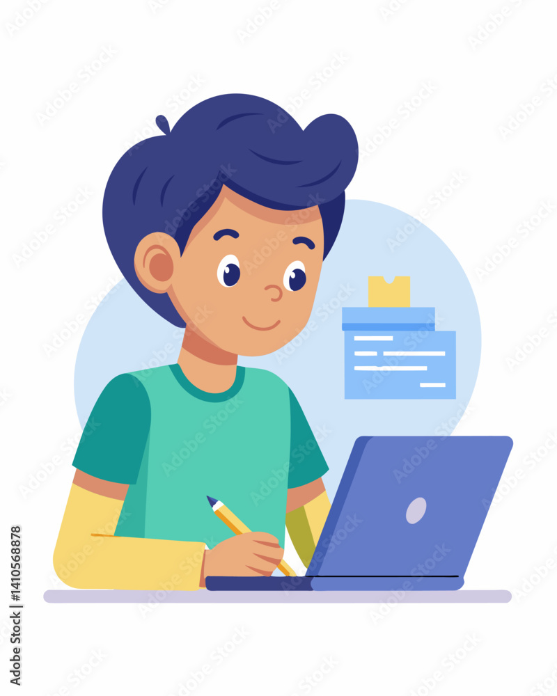 A student eagerly taking notes and studying code while participating in a childrens coding camp focused on developing educational software.. Vector illustration A student eagerly taking notes and studying code while participating in a childrens coding camp focused on developing educational software.. Vector illustration