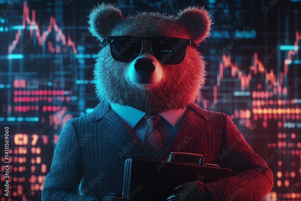 Business bear with briefcase against digital financial charts background