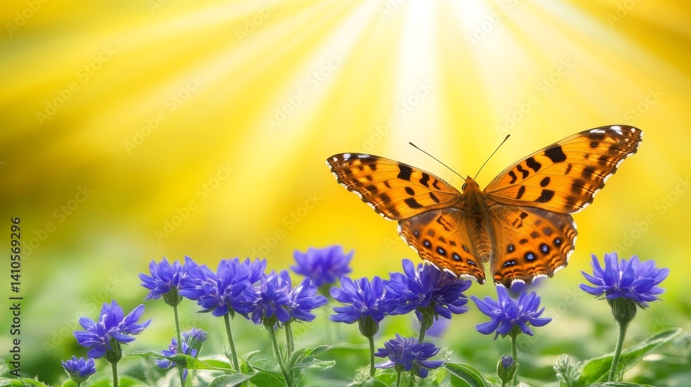 Wild purple flowers and butterfly in a meadow in the rays of sunlight