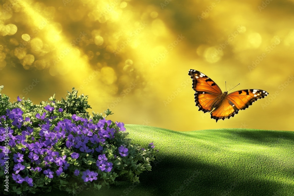 Wild purple flowers and butterfly in a meadow in the rays of sunlight