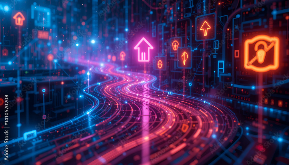 Fototapeta premium Abstract digital landscape with glowing red data streams flowing through a network of blue information and charts.