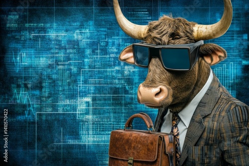 Business bull with briefcase against digital financial charts background