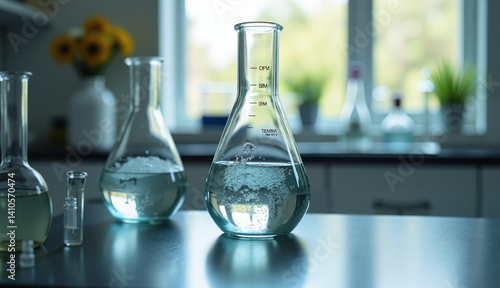 Laboratory glassware with bubbling liquids on table scientific exploration