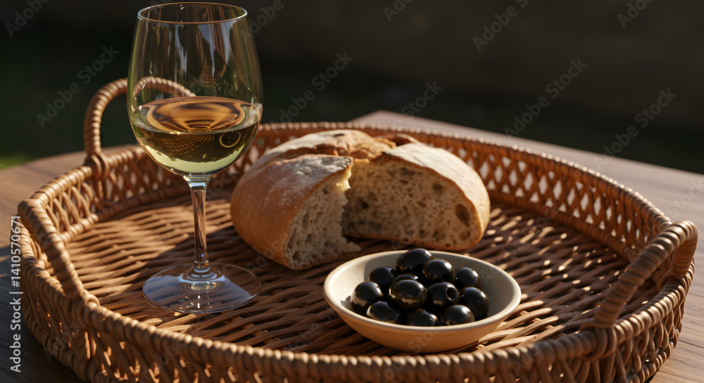 Artisan Bread, Olives, and White Wine Displayed on Wicker Tray Outdoors Artisan Bread, Olives, and White Wine Displayed on Wicker Tray Outdoors