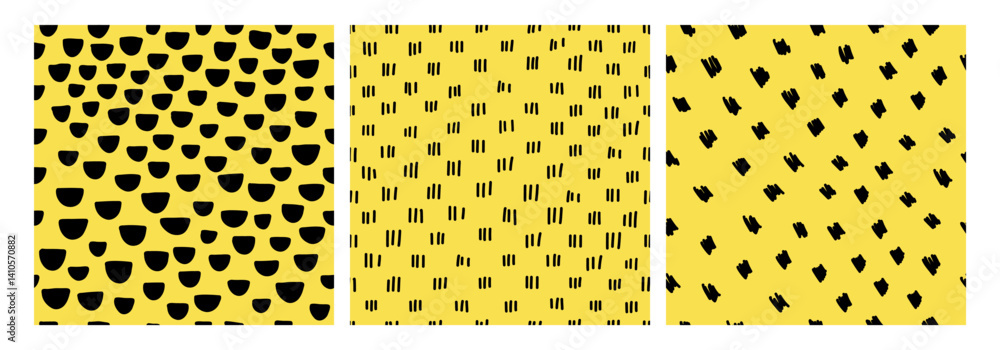 Abstract seamless pattern with black geometric shapes on a yellow background. Modern and playful Memphis style design. Perfect for textile, wallpaper, wrapping paper, digital backgrounds, and branding