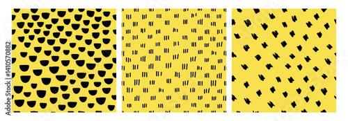 Obraz na płótnie Abstract seamless pattern with black geometric shapes on a yellow background. Modern and playful Memphis style design. Perfect for textile, wallpaper, wrapping paper, digital backgrounds, and branding w salonie