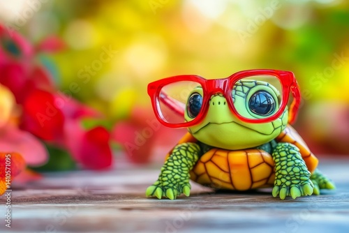 Cute little green turtle with glasses in front of studio background