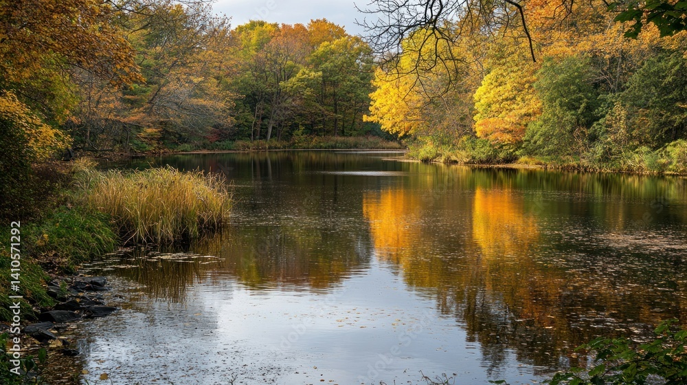 Fototapeta premium A scenic view of a reflective lake surrounded by colorful trees