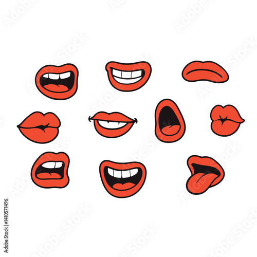 Set of different female red lips. Fashion patches elements, badges collection. Comics mouth with smile, tongue, teeth, kiss on purple background. Vector colorful illustration in pop art style.
