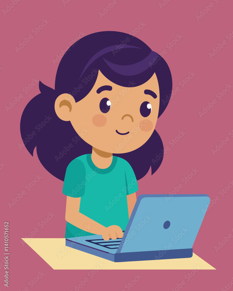 A little girl concentrating intently as she navigates through a typing tutorial program on her laptop.. Vector illustration A little girl concentrating intently as she navigates through a typing tutorial program on her laptop.. Vector illustration