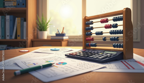 Abacus and calculator on desk with documents learning finance