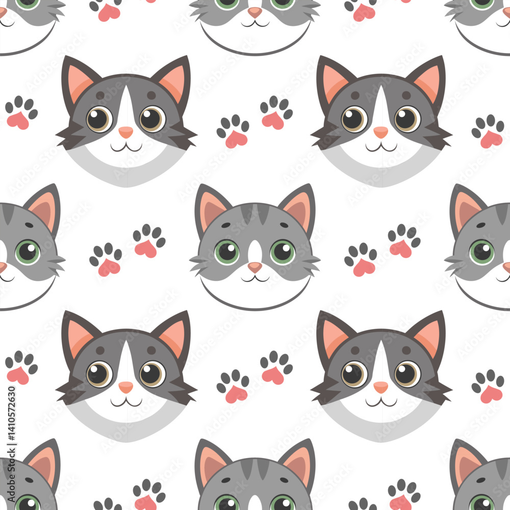 Seamless pattern, cute cat faces with paw prints. Kittens seamless pattern. Cute background for kids. Seamless pattern, cute cat faces with paw prints. Kittens seamless pattern. Cute background for kids.