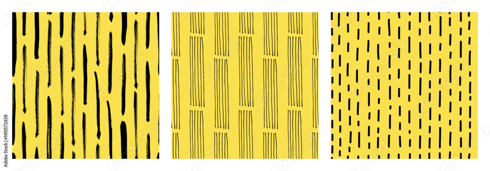 Seamless small dash pattern with hand drawn lines on a yellow background. Modern abstract texture for fabric, wallpaper, wrapping paper, and digital projects. Trendy minimal and organic design