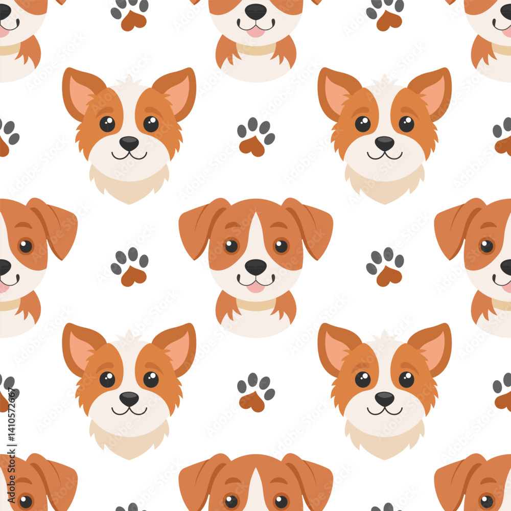 Fototapeta premium Seamless pattern, cute dog faces with paw prints. Puppies seamless pattern. Cute background for kids.