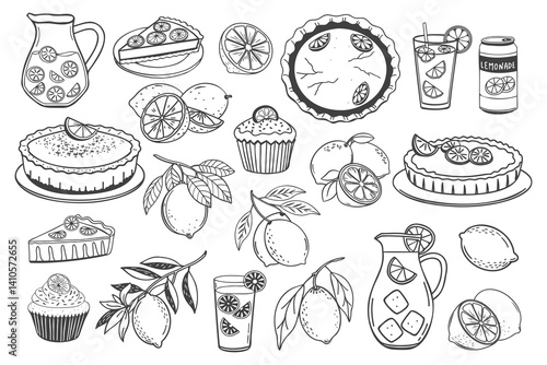 Set of hand drawn illustrations of lemonade and lemon desserts. Lemons, lemonade, lemon pie, cake, cupcake. Hand drawn sketch illustration.