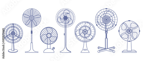 Set of electric fans. Collection of various fan designs. Outline illustration  in blue color.