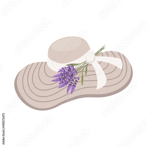 Summer hat with lavender bouquet. Women's hat with lavender flowers. Illustration on white background.