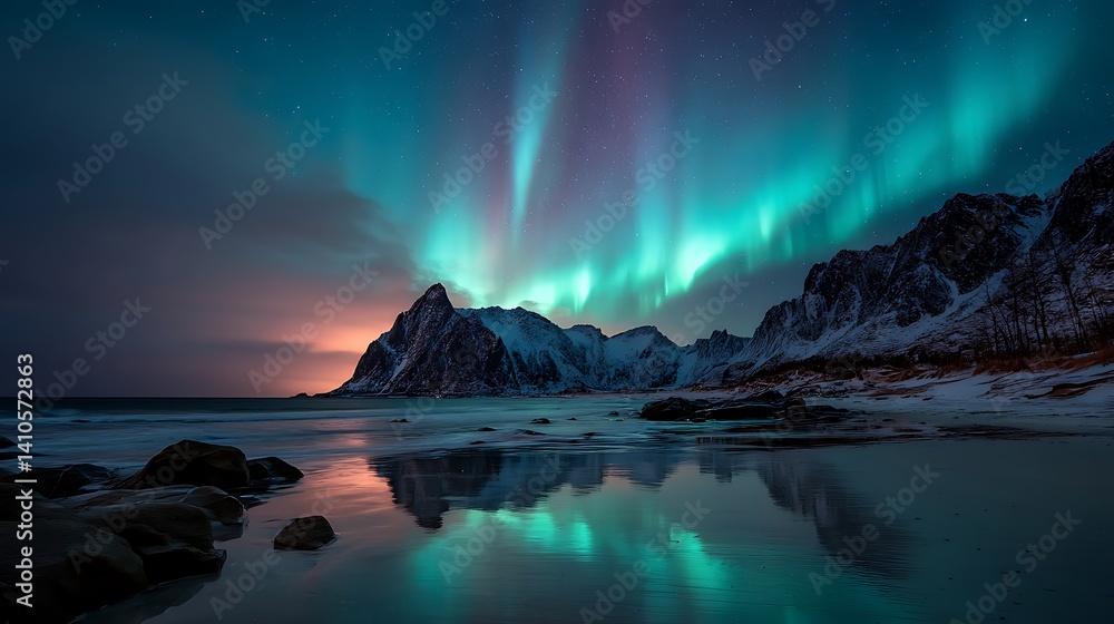 Naklejka premium Aurora borealis over a winter beach