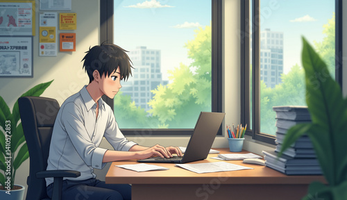 Focused young man typing on laptop at sunny office productivity boost