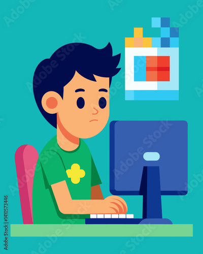 A student sitting at a computer their face scrunched in concentration as they work on a coding puzzle game.. Vector illustration