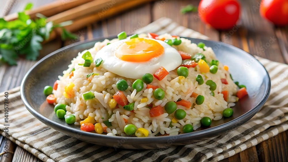 Delicious fried rice with vegetables and a fried egg on a plate Delicious fried rice with vegetables and a fried egg on a plate