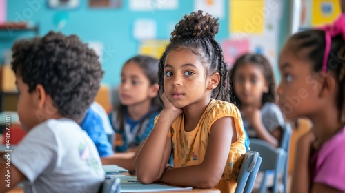 Focused elementary school students attentively listening in class.