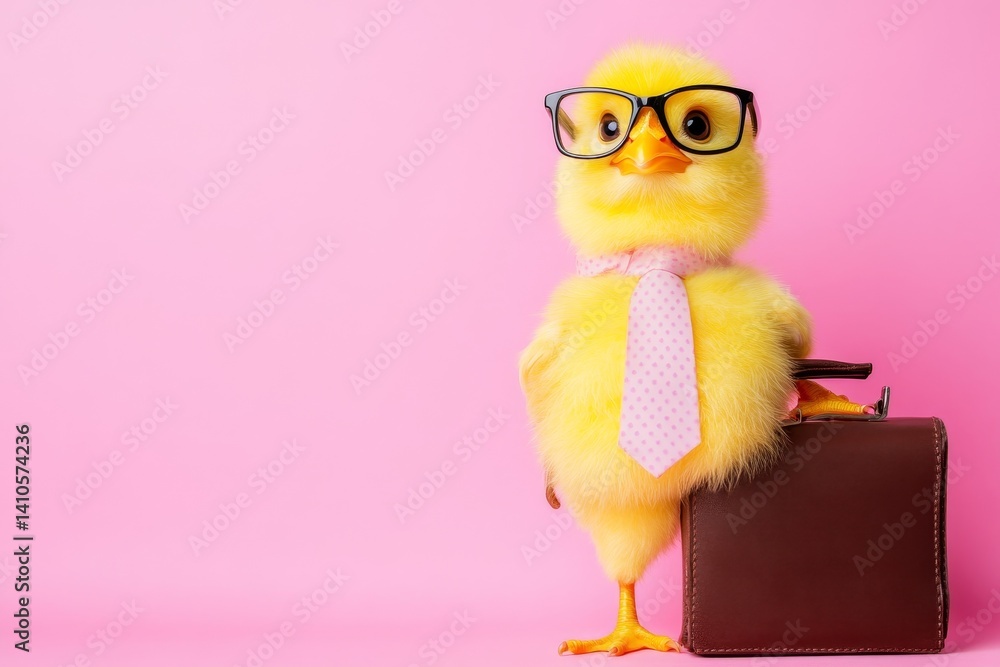 yellow chick in glasses and tie holding briefcase on pink background