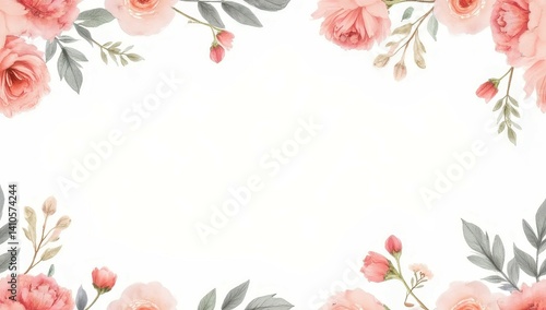 Elegant Peach Roses and Greenery Frame on White Background