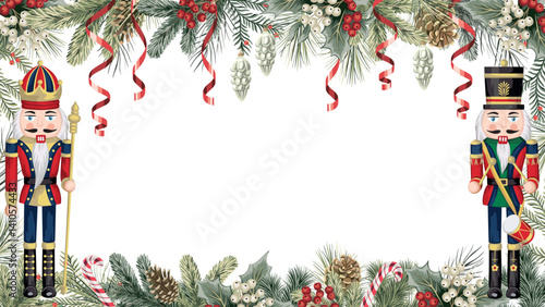 Nutcracker, fir branch, cone, candy cane, mistletoe and serpentine winter frame. Merry Christmas, New Year wallpaper.