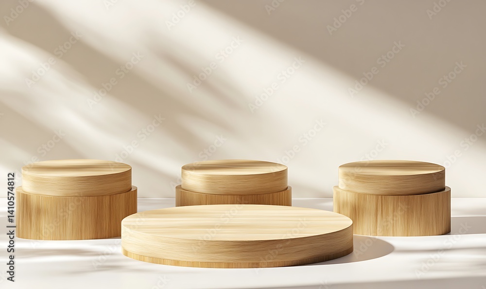 Light-filled display of wooden podiums Light-filled display of wooden podiums