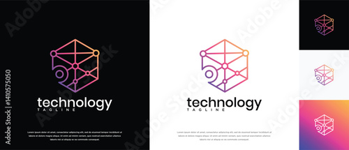 Technology connection hexagon logo design. Technology connection logo template. Technology logo symbol icon