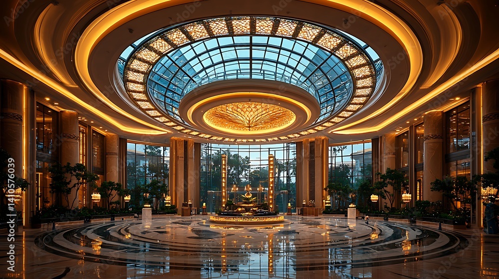 Obraz premium Luxury lobby with circular chandelier ceiling high resolution picture