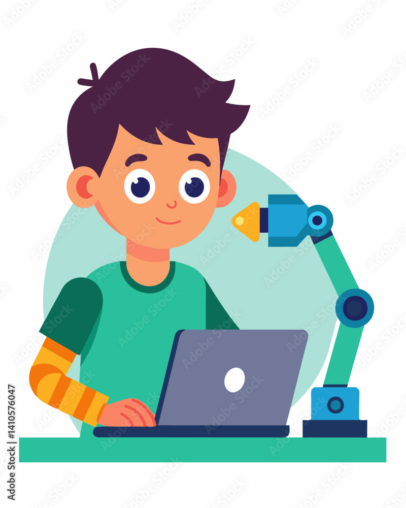 A young boy meticulously enters a line of code into his laptop eagerly awaiting the results as his robotic arm springs into action.. Vector illustration A young boy meticulously enters a line of code into his laptop eagerly awaiting the results as his robotic arm springs into action.. Vector illustration