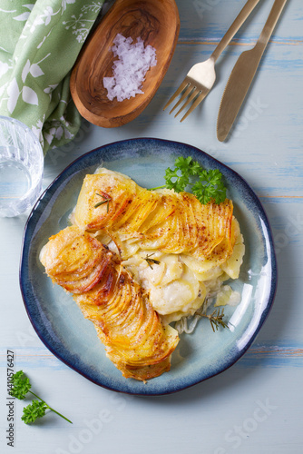 Potato and onion gratin on blue plate. Scalloped potatoes or potato bake. View from above, top view