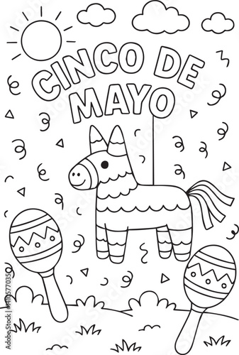cinco de mayo coloring page with piñata maracas and festive decorations for mexican holiday fun
