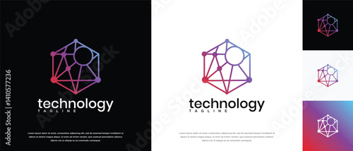 Technology connection hexagon logo design. Technology connection logo template. Technology logo symbol icon