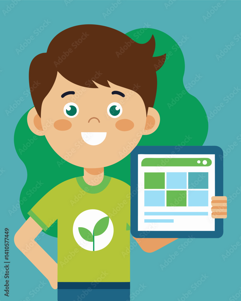 A child beaming with pride as they showcase their ecofriendly website complete with custommade graphics and responsive design using HTML and CSS.. Vector illustration A child beaming with pride as they showcase their ecofriendly website complete with custommade graphics and responsive design using HTML and CSS.. Vector illustration