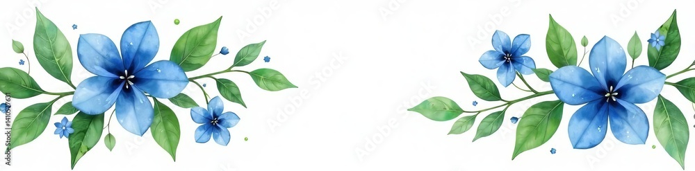 Fototapeta premium Watercolor blue and navy flower garland with green leaves on white background, leaves, navy, flower