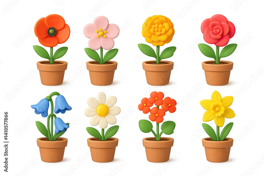 3D icon set of spring flowers: marigold, anemone, hibiscus, geranium, lily, hyacinth, iris, tulip. 3d icon. icons set of 3d style in a modern design. Isolated
