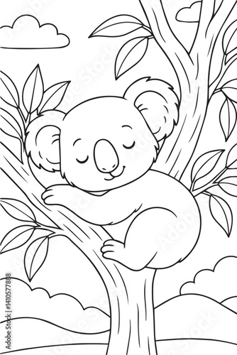 koala sleeping peacefully on a tree branch with leaves and clouds in the background coloring page