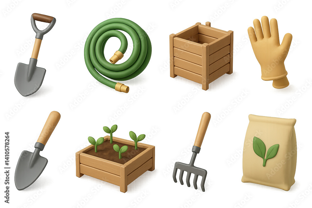 3d gardening icons set featuring tools, plants, and accessories