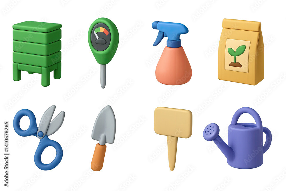 3D icon set of vertical gardening: compost bin, soil tester, spray bottle, seed packet, garden scissors, trowel, garden marker, watering can. 3d icon. icons set of 3d style in a modern design.